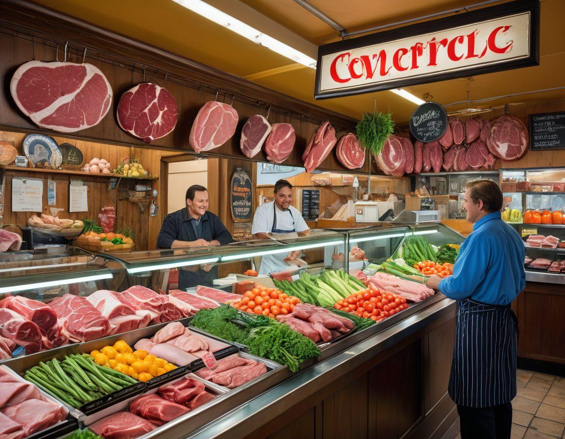 A vibrant butcher shop filled with colorful displays of fresh meats and vegetables, alongside a friendly butcher advising a customer on insurance options. The setting is lively, with customers interacting, and a bright sign reading 'Savvy Coverage' prominently displayed. The background features a depiction of a shield symbolizing security and protection. super-realistic. vibrant colors.