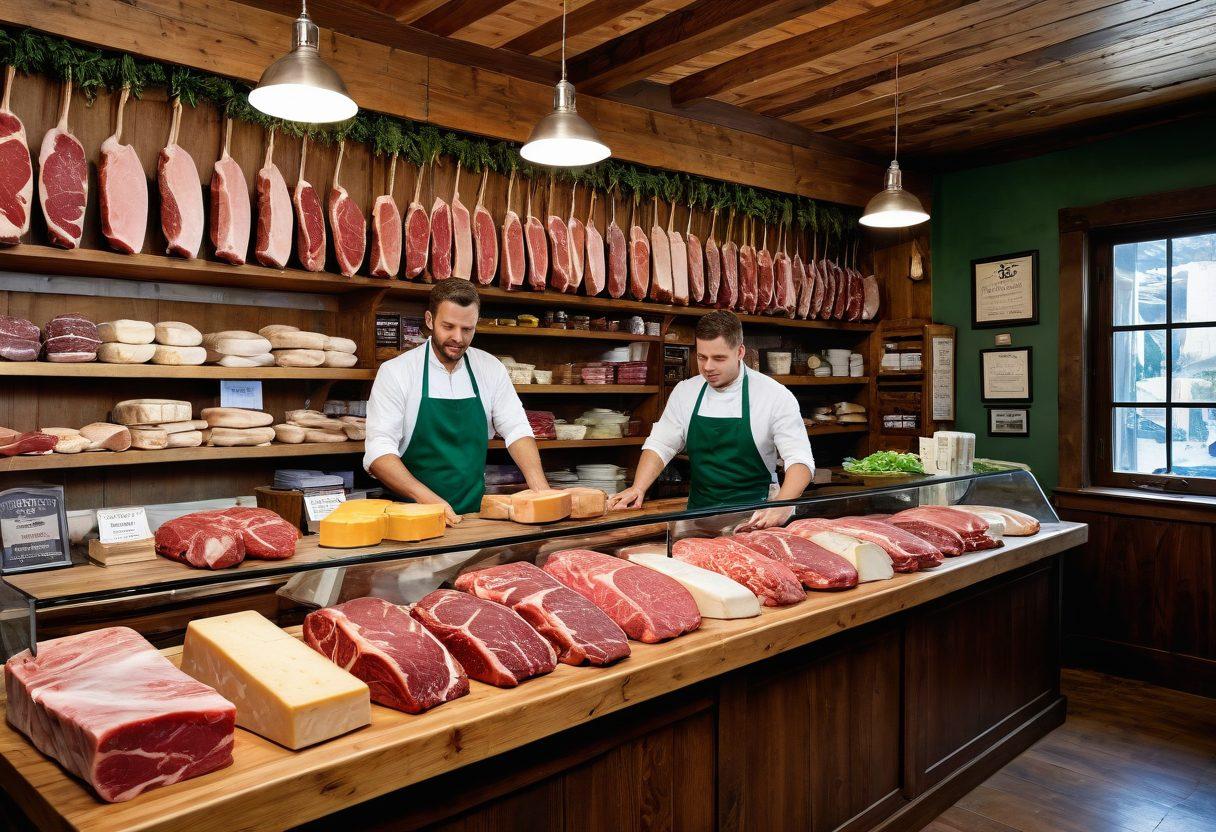 A bustling artisan butcher shop filled with colorful cuts of meat neatly displayed, surrounded by vibrant hanging herbs and spices. Include a friendly butcher interacting with customers, showcasing a sense of community, trust, and expertise. Subtle hints of insurance documents and a block of cheese subtly integrated into the scene symbolize coverage. Natural light filters through rustic windows to create a warm atmosphere. super-realistic. vibrant colors. rustic style.