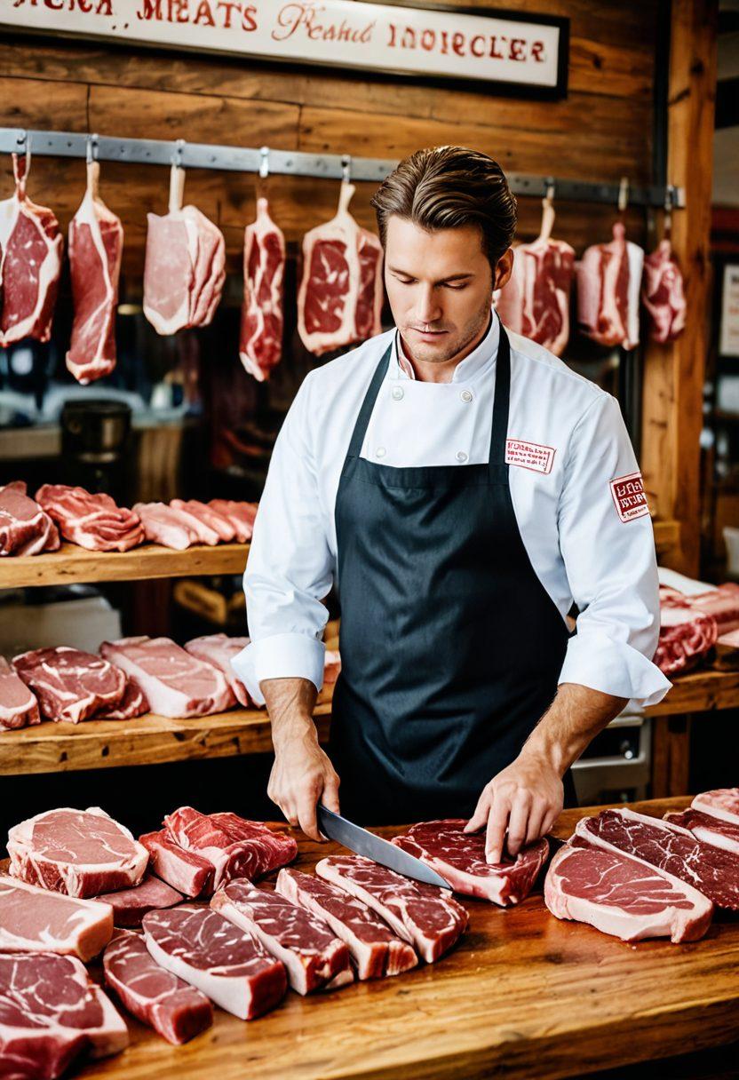 A butcher shop scene featuring a skilled butcher slicing specialty meats, surrounded by various types of meats displayed beautifully. Include a clipboard with insurance documents and tips nearby, with a warm and inviting atmosphere. Soft light filtering through the shop windows highlighting the vibrant colors of the meats. Focus on professionalism and attention to detail. super-realistic. warm tones. white background.